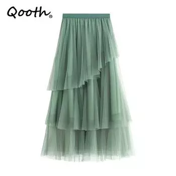 Qooth женская элегантная асимметричная тюлевая юбка с эластичной резинкой на талии, сетчатая юбка миди на весну и лето QT2165 One Size зелёный