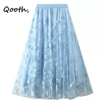 Qooth женская элегантная тюлевая юбка-пачка с цветочным принтом, новая офисная женская сетчатая плиссированная юбка на весну и лето QT2326 розовый