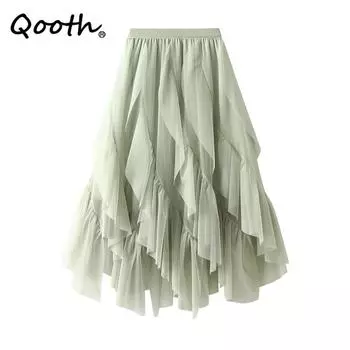 Qooth женская асимметричная сетчатая юбка с рюшами по краям, повседневная длинная тюлевая юбка средней длины с высокой талией на весну и лето QT2045 One Size чёрный