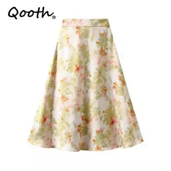 Qooth Женская атласная юбка-трапеция с цветочным принтом Элегантная длинная юбка с эластичной резинкой на талии QT2144 M синий