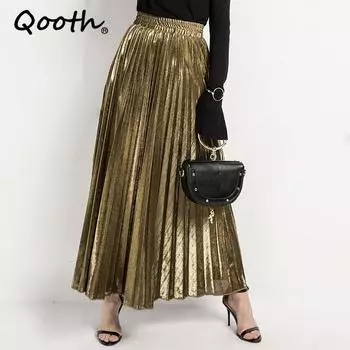 Qooth женская блестящая длинная плиссированная юбка для пляжной вечеринки с высокой талией и зонтиком, длинная юбка на лето и весну QH1758 L золотистый