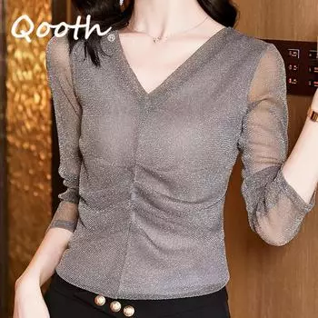 Qooth женская блестящая тонкая тюлевая рубашка с v-образным вырезом элегантный модный тонкий пуловер сетчатый топ на весну и осень QT2267 M чёрный