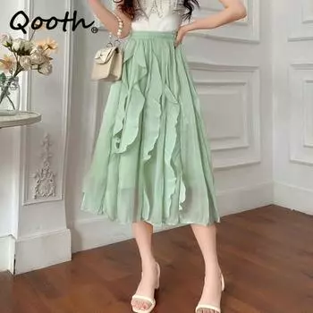 Qooth женская блестящая тюлевая юбка миди с оборками, элегантная асимметричная юбка трапециевидной формы с высокой талией на лето и весну QT2112 One Size зелёный