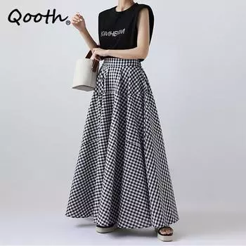 Qooth женская большая распашная клетчатая юбка трапециевидной формы, повседневная длинная юбка с эластичной резинкой на талии на весну и лето QT2054