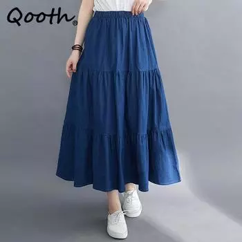 Qooth женская джинсовая юбка трапециевидной формы с эластичной резинкой на талии, элегантная винтажная длинная юбка с высокой талией на весну и лето QT2211 One Size светло-синий