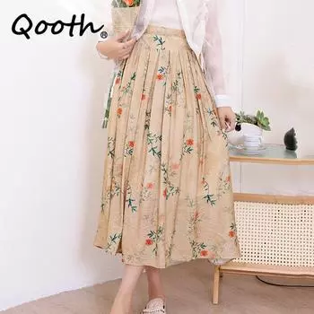Qooth женская хлопковая льняная плиссированная юбка с эластичным поясом и принтом, элегантная винтажная юбка трапециевидной формы миди на весну и лето QT2187 45-55KG легкие хаки
