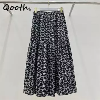 Qooth женская хлопковая вышивка ажурная юбка трапециевидной формы элегантная длинная юбка с высокой талией большие качели на весну и лето QT2169 One Size синий