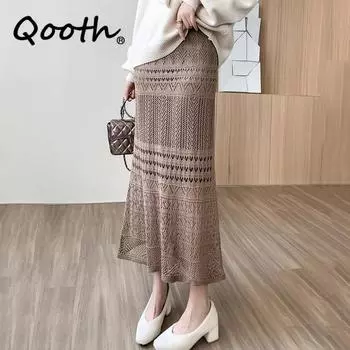 Qooth женская кружевная полая юбка-карандаш элегантная эластичная талия миди-юбка на все сезоны QT2205 One Size кофейный