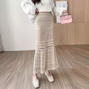 Qooth женская кружевная полая юбка-карандаш, элегантная эластичная талия, миди, бедра, юбка на все сезоны One Size чёрный