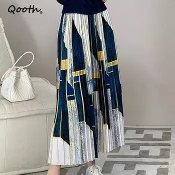 Qooth женская летняя плиссированная юбка с цветочным принтом и геометрическим принтом, с высокой талией, элегантная длинная юбка трапециевидной формы QT1670 one size синий