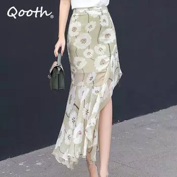 Qooth женская летняя шифоновая юбка средней длины с цветочным принтом, повседневная длинная асимметричная юбка с высокой талией и принтом QT1854 L бежевый
