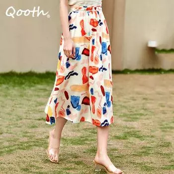 Qooth женская летняя юбка средней длины с высокой талией и принтом, элегантная винтажная ретро-модная юбка в праздничном стиле QT1836 S бежевый