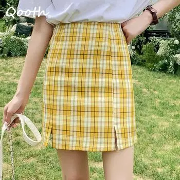 Qooth женская мини-юбка-карандаш в клетку Y2K в консервативном стиле, повседневная короткая юбка трапециевидной формы с высокой талией на весну и лето QT2060 S чёрный