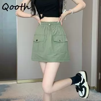 Qooth женская мини-юбка с карманами в американском стиле, элегантная короткая юбка трапециевидной формы с эластичной резинкой на талии на весну и лето QT2157