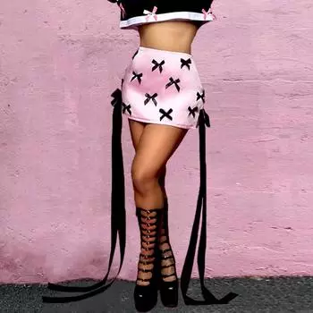 Qooth Женская мода розовая милая юбка со шнуровкой и бантом Y2K с высокой талией эластичные узкие юбки QT2398 S розовый