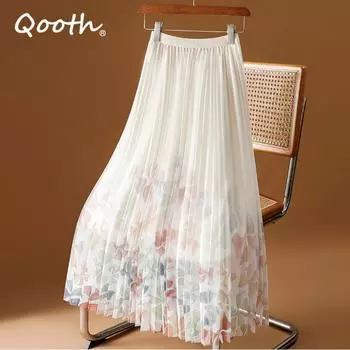 Qooth женская нежная длинная плиссированная юбка из тюля с принтом и большими качелями, милая эластичная талия, сетчатая юбка трапециевидной формы с цветочным принтом на весну и лето QT2314 бежевый