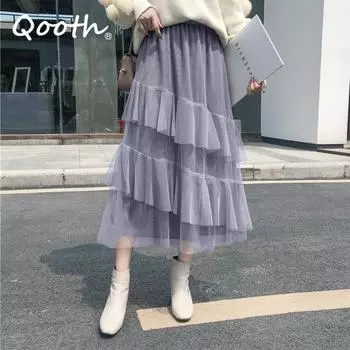 Qooth женская нежная тюлевая юбка неправильной формы с эластичной резинкой на талии, сетчатая юбка трапециевидной формы на весну и лето QT2317 серый