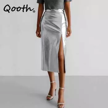 Qooth женская облегающая юбка-карандаш из искусственной кожи, индивидуальная сексуальная юбка на бедрах с разрезом и завязками QT2286