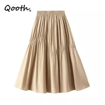Qooth Женская однотонная асимметричная плиссированная юбка Элегантная длинная юбка трапециевидной формы с эластичной резинкой на талии QT2160