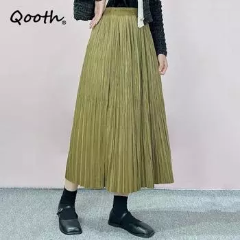 Qooth женская осенне-зимняя бархатная длинная плиссированная юбка элегантная офисная женская однотонная универсальная юбка трапециевидной формы с высокой талией QT1903 One Size чёрный