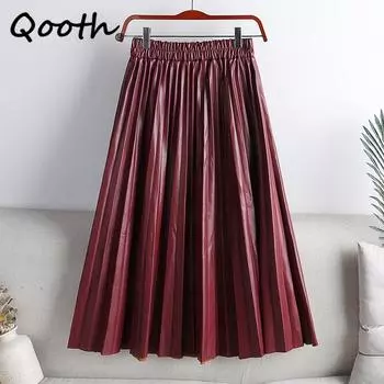 Qooth женская осенняя миди из искусственной кожи плиссированная юбка элегантная винтажная эластичная длинная юбка трапециевидной формы с высокой талией QT1907 One Size чёрный