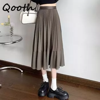 Qooth женская осенняя однотонная плиссированная юбка элегантная длинная трапециевидная юбка с эластичной резинкой на талии на зиму QT2253 One Size чёрный
