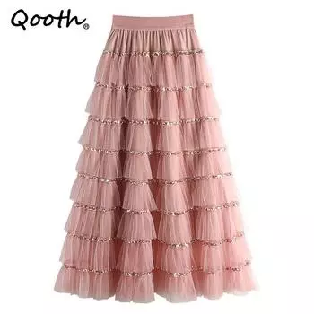 Qooth Женская пачка макси однотонная юбка милая принцесса фея пэчворк многоуровневая высокая талия длинная плиссированная юбка женская праздничная мода корейская QT2419 чёрный