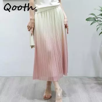 Qooth женская плиссированная юбка-миди с эластичной резинкой на талии и градиентом, элегантная двусторонняя практичная юбка трапециевидной формы на лето и весну QT2102 One Size хаки