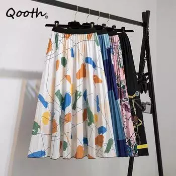 Qooth женская плиссированная юбка миди с цветочным принтом, винтажная юбка трапециевидной формы с высокой талией на лето и весну QT2086 One Size