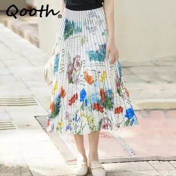 Qooth женская плиссированная юбка с принтом, винтажная юбка трапециевидной формы миди с высокой талией на лето и весну QT2087 One Size