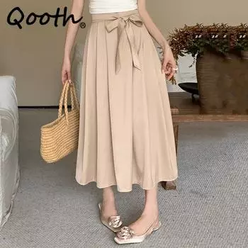 Qooth Женская повседневная атласная длинная макси-юбка с галстуком-бабочкой с простым разрезом, модная миди-трапеция с эластичной резинкой на талии на весну и лето QT2341