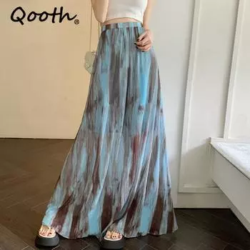 Qooth Женская повседневная длинная тюлевая юбка тай-дай, элегантная универсальная синяя юбка-трапеция с высокой талией QT2282 M чёрный