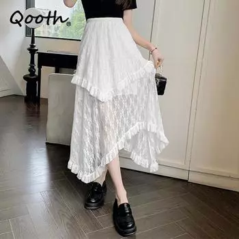 Qooth Женская повседневная асимметричная кружевная фатиновая белая юбка модная эластичная талия миди пачка А-силуэта юбка для весны и лета QT2344 белый