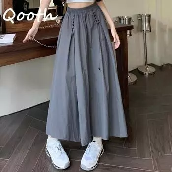 Qooth Женская повседневная простая юбка с зонтиком, модная плиссированная юбка миди с эластичной резинкой на талии на весну и лето QT2340 серый