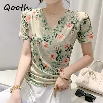 Qooth Женская рубашка размера S-3XL, летняя рубашка с цветочным принтом, темпераментные модные тонкие зеленые пуловеры с v-образным вырезом, топ QT2197 S