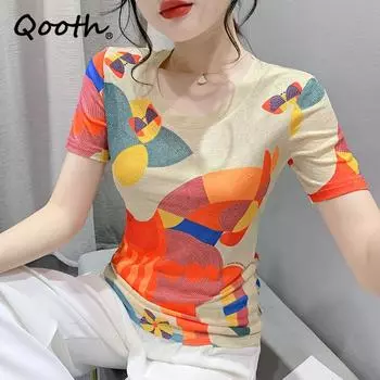 Qooth женская рубашка размера S-3XL с короткими рукавами и принтом животных, темпераментные модные тонкие пуловеры с круглым вырезом, топ QT2190 S