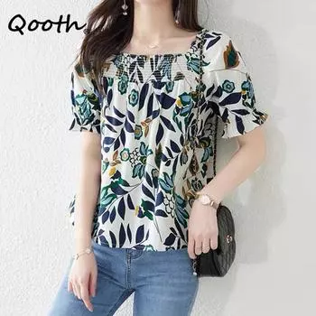 Qooth Женская рубашка S-3XL с квадратным вырезом и цветочным принтом, темпераментные модные тонкие пуловеры с короткими рукавами, топ на лето QT2174 S