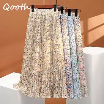 Qooth женская шифоновая плиссированная юбка с цветочным принтом, элегантная длинная юбка трапециевидной формы с высокой талией на весну и лето QT2132 One Size синий