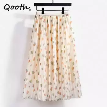 Qooth женская тюлевая сетчатая юбка с принтом сердца, элегантная длинная марлевая юбка трапециевидной формы с цветочным принтом QT1553 One Size розовый