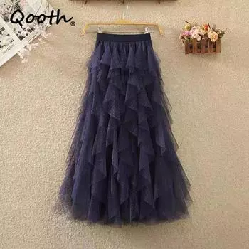 Qooth женская тюлевая сетчатая юбка в горошек элегантная длинная юбка-пачка трапециевидной формы с эластичной резинкой на талии на все сезоны QT2215