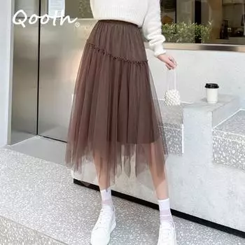 Qooth женская тюлевая юбка с феями и бисером, элегантная универсальная сетчатая юбка с эластичной резинкой на талии для всех сезонов QT2255 One Size чёрный