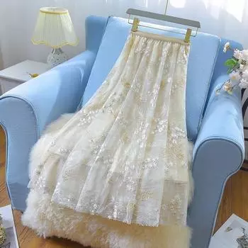 Qooth Женская юбка А-силуэта из тюля с вышивкой в виде цветов, широкий подол, средней длины, на резинке, QT2654 One Size