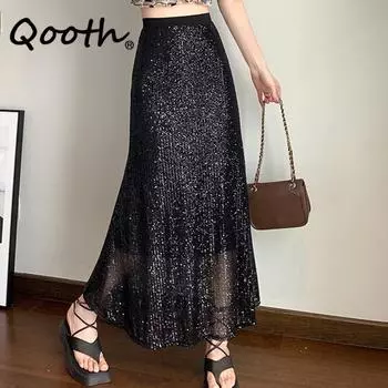 Qooth Женская юбка-карандаш в корейском стиле с пайетками, винтажная сексуальная юбка с эластичной талией и длинной юбкой на бедрах QT2177 M бежевый