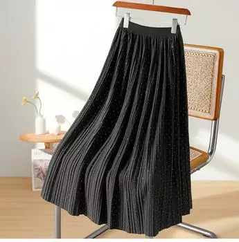 Qooth Женская юбка осень-зима с пайетками горячего тиснения, элегантная, темпераментная, А-силуэт, большая юбка средней длины QT2492 One Size чёрный