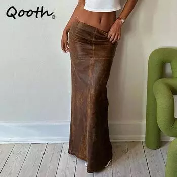 Qooth женская уличная юбка из искусственной кожи с разрезом, сексуальная винтажная юбка макси с низкой талией на осень QT2263