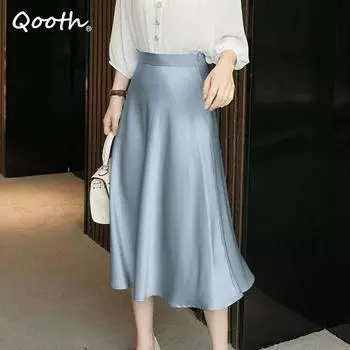 Qooth женская весенне-летняя однотонная атласная юбка трапециевидной формы из ацетата элегантная длинная блестящая юбка средней длины с высокой талией QT2016 One Size чёрный