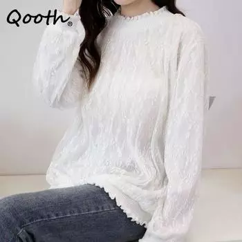 Qooth женская весенне-осенняя шифоновая кружевная рубашка большого размера, элегантный винтажный топ с длинным рукавом и высоким воротником QT1968 M серый