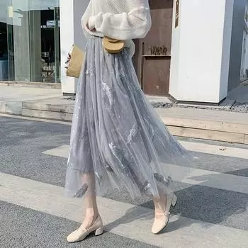 Qooth Женская весенняя юбка средней длины из сетчатой ткани с вышивкой в виде милых перьев, юбка-пачка трапециевидной формы с высокой талией QT2517 One Size розовый