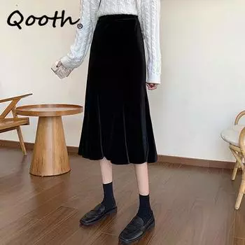 Qooth женская винтажная бархатная юбка-труба темпераментная эластичная талия юбка миди с запахом на бедрах на осень-зиму QT2283 XS чёрный