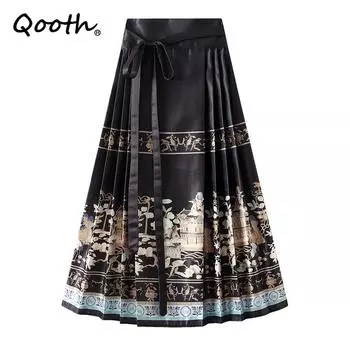 Qooth Женская винтажная длинная плиссированная юбка с принтом здания Цельная юбка трапециевидной формы с высокой талией на весну и лето QT2316